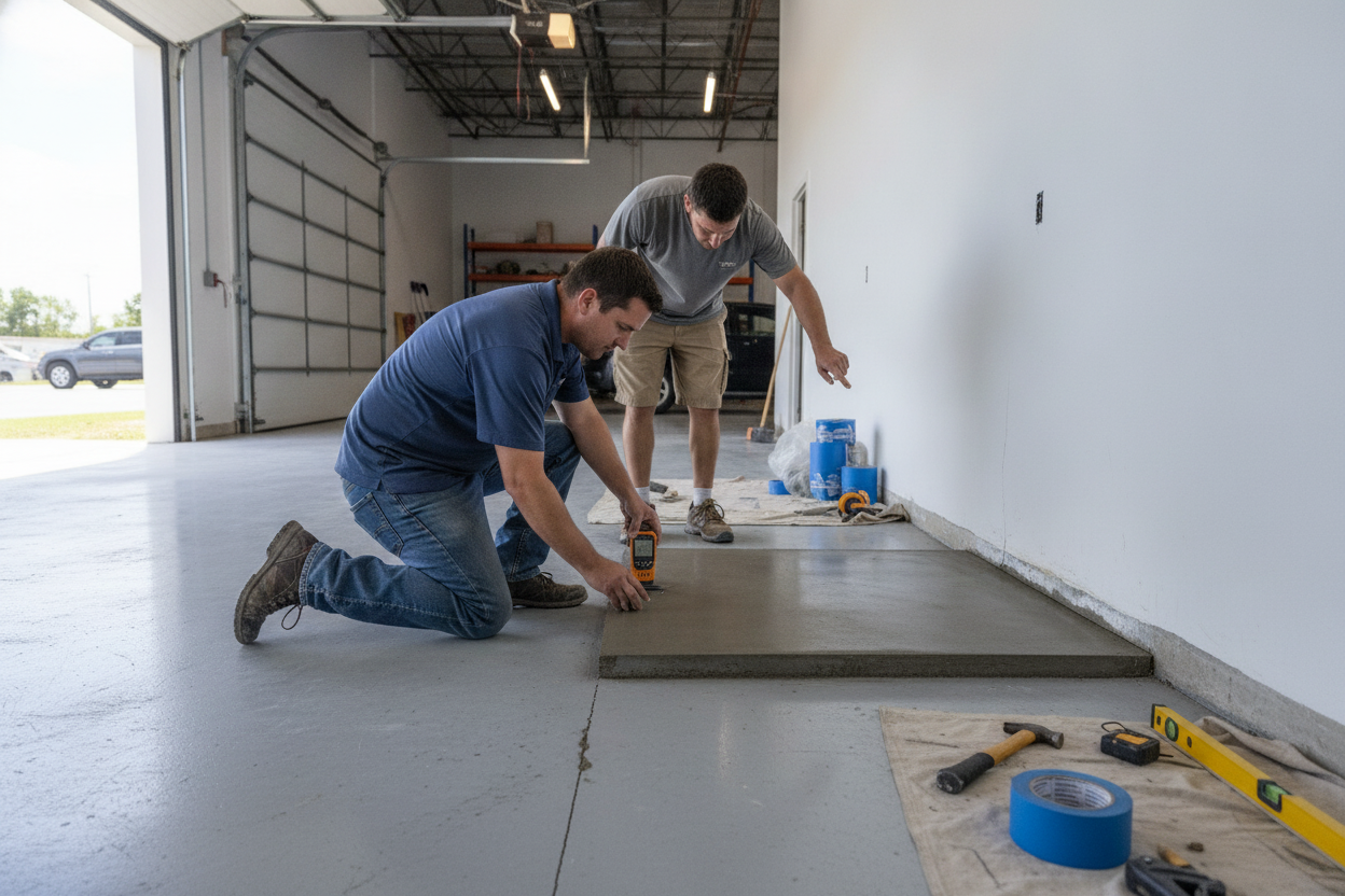 A contractor checks a garage slab for moisture while inspecting cracks in a bright open garage.