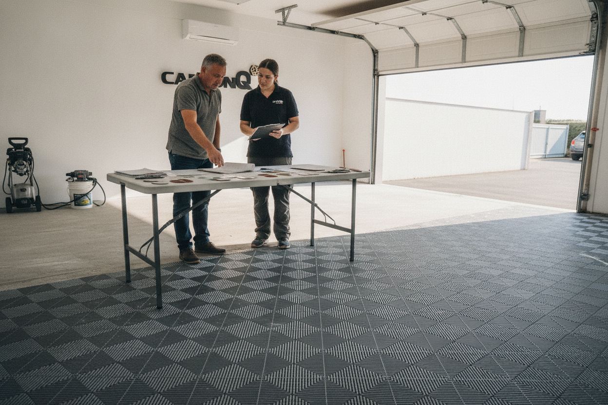 A homeowner reviews a detailed garage floor coating quote with a contractor in an open garage.