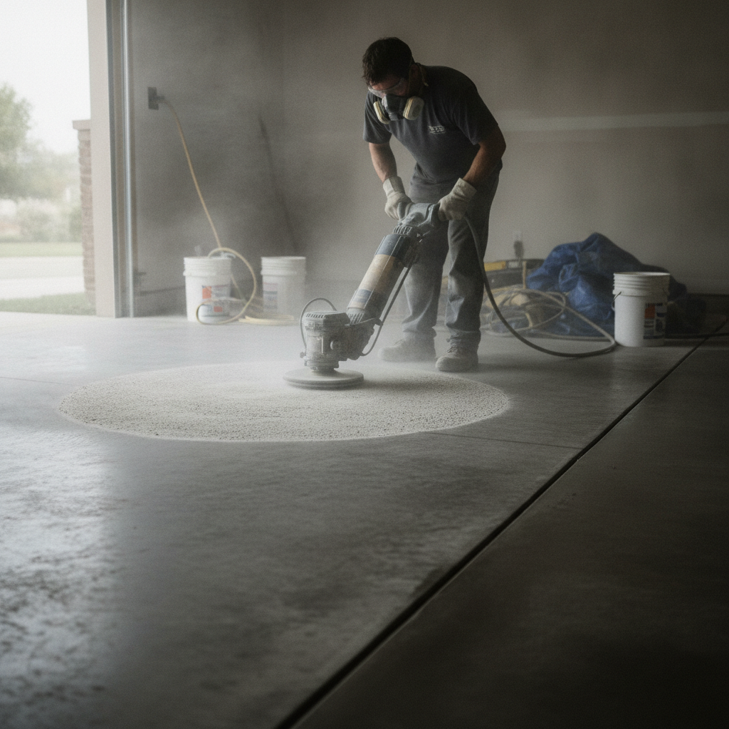 A worker diamond grinds a concrete garage floor during prep.