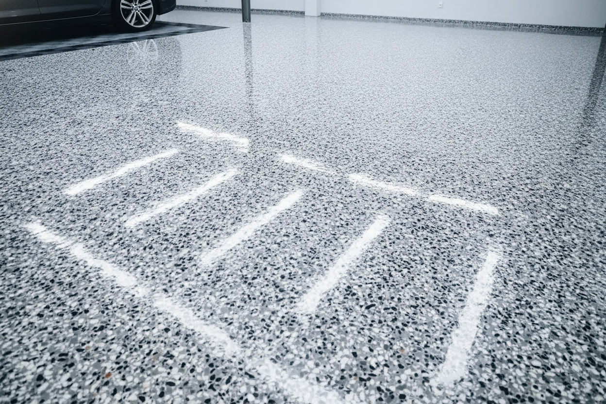 A freshly coated two-car garage floor in a home garage.